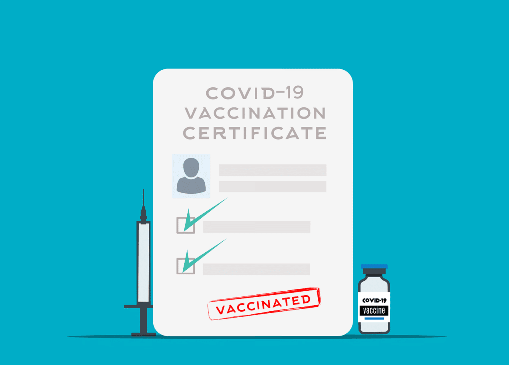 Clip art showing a vaccine certificate like you will have to show on Colombia entry requirements Covid.