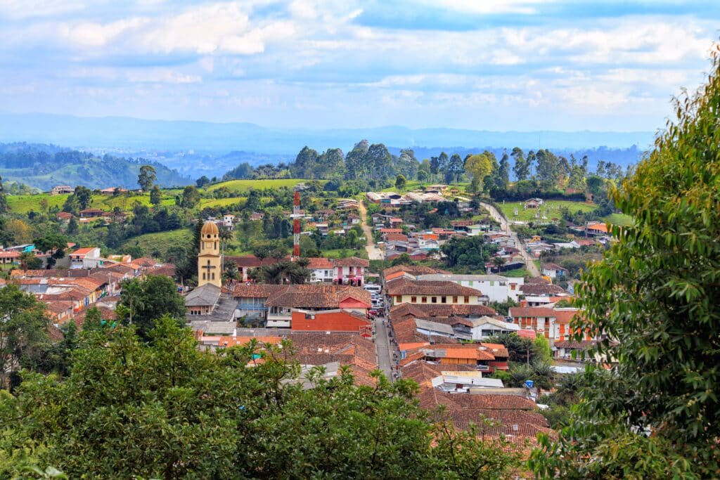 View from a distance of Salento, including some hotels in Salento and the main church steeple.