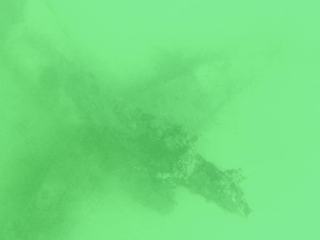 Greenish tinted underwater photo of a submerged plane in the Rosario Islands.