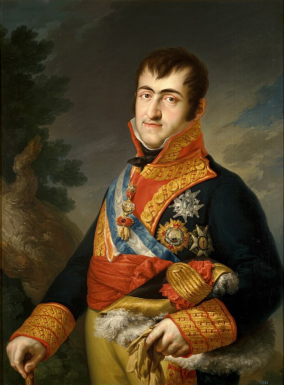 Portrait of Spanish King Fernando VII, who opposed independence in Colombia, with fancy clothes and medals
