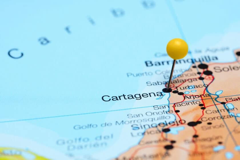 Photo of a map showing a pen in Cartagena from Santa Marta.