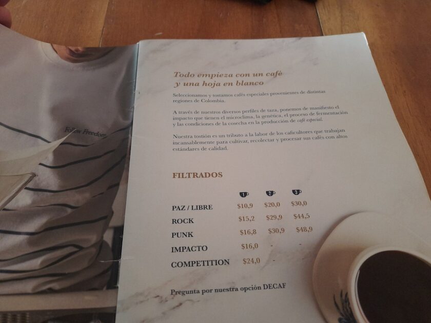 Photo of the menu at Libertario Coffee Roasters in Cartagena.