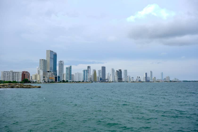 Tall buildings rising above the sea in Bocagrande, Cartagena, Colombia.
